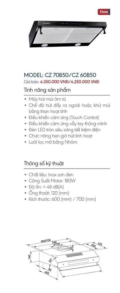 Máy hút mùi âm tủ Canzy CZ 70B50 / CZ 60B50