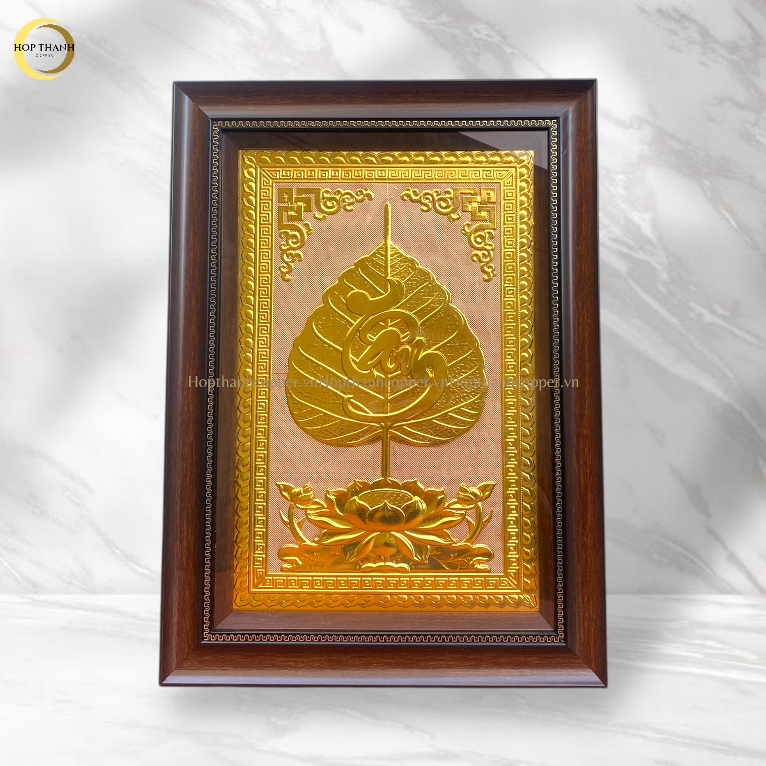 TRANH LÁ BỒ ĐỀ CHỮ TÂM BẰNG ĐỒNG DÁT VÀNG - KÍCH THƯỚC 38X54CM
