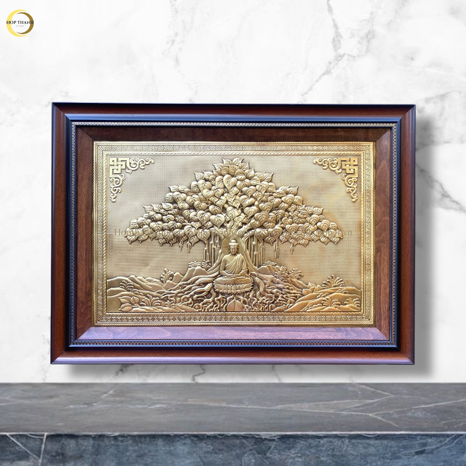 TRANH ĐỒNG GIẢ CỔ - ĐỨC PHẬT NGỒI DƯỚI GỐC CÂY BỒ ĐỀ (KÍCH THƯỚC 50X70CM)