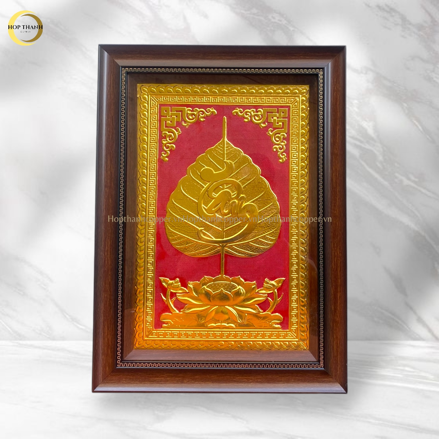 TRANH LÁ BỒ ĐỀ CHỮ TÂM BẰNG ĐỒNG DÁT VÀNG - KÍCH THƯỚC 38X54CM