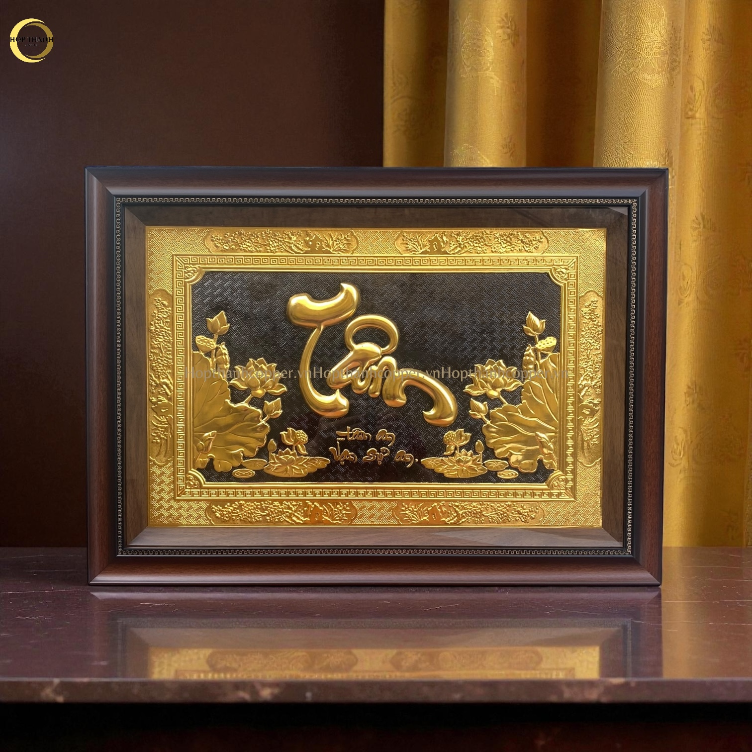 TRANH CHỮ TÂM BẰNG ĐỒNG DÁT VÀNG - KÍCH THƯỚC 50X70CM