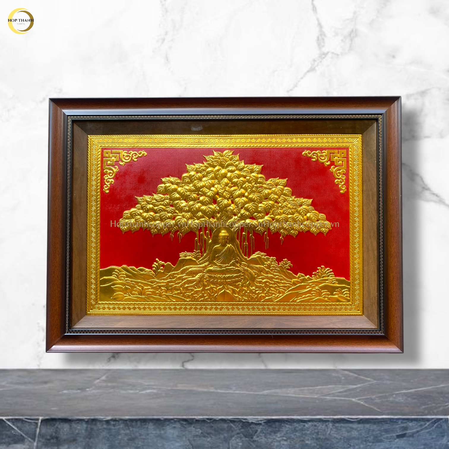 TRANH ĐỒNG DÁT VÀNG - ĐỨC PHẬT NGỒI DƯỚI GỐC CÂY BỒ ĐỀ (KÍCH THƯỚC 50X70CM)