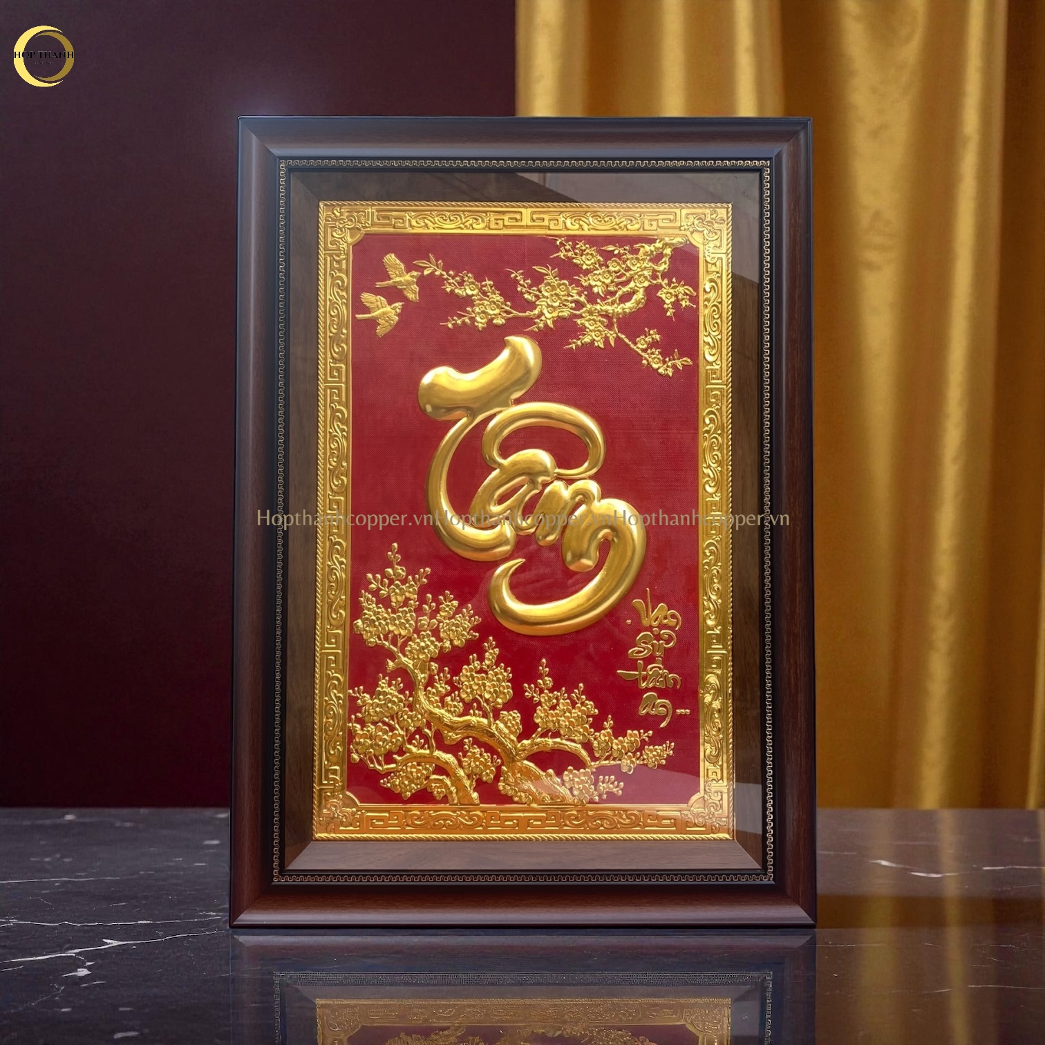 TRANH CHỮ TÂM BẰNG ĐỒNG DÁT VÀNG - KÍCH THƯỚC 50X70CM