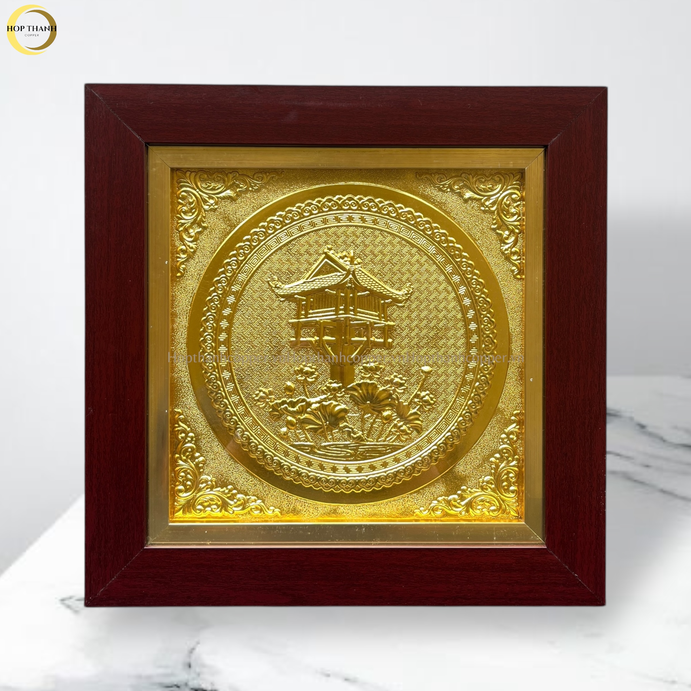TRANH CHÙA MỘT CỘT BẰNG ĐỒNG DÁT VÀNG - KÍCH THƯỚC 40x40CM