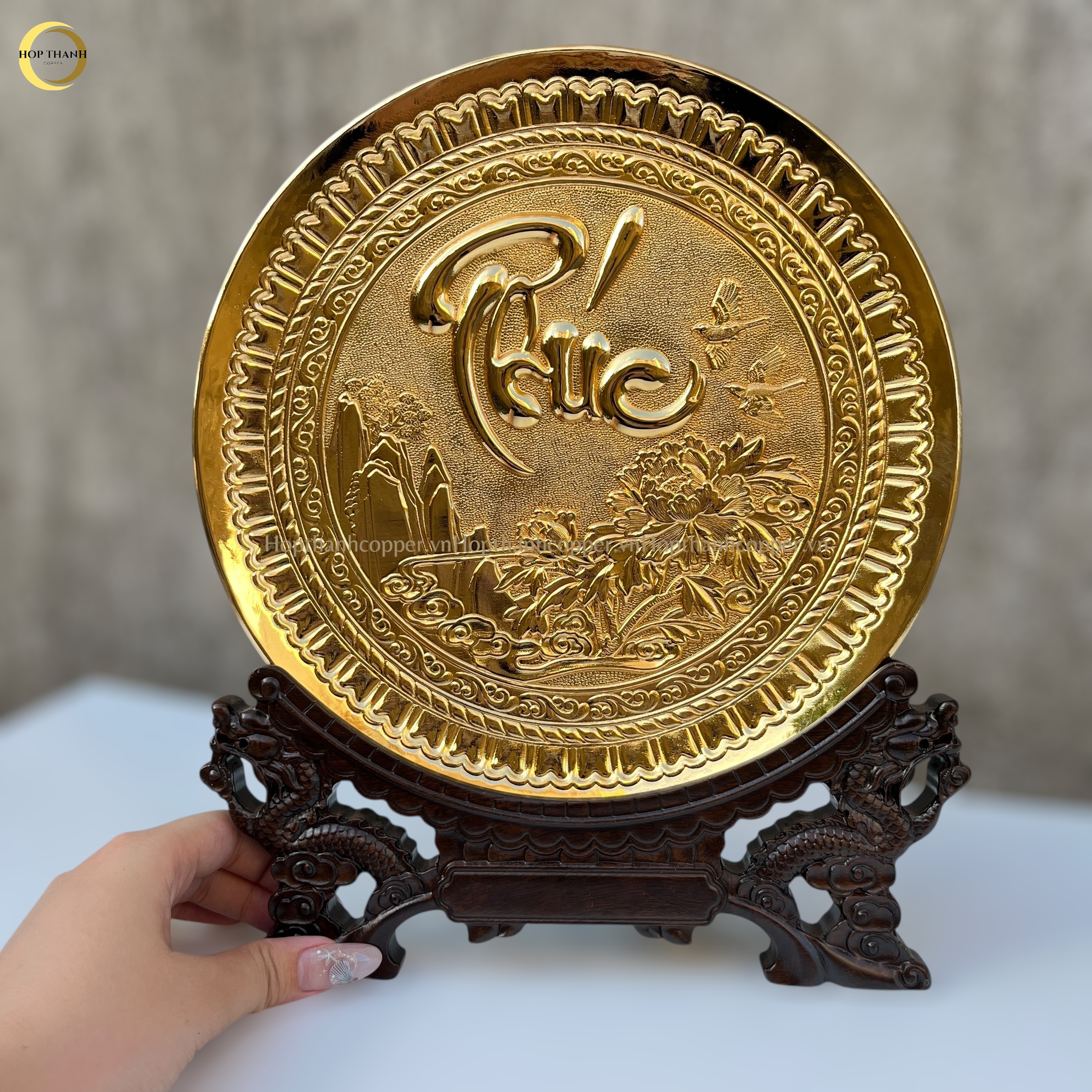 TRANH ĐĨA CHỮ PHÚC THƯ PHÁP BẰNG ĐỒNG MẠ VÀNG 24K - TRANH QUÀ TẶNG ĐỂ BÀN (KÍCH THƯỚC 25CM)