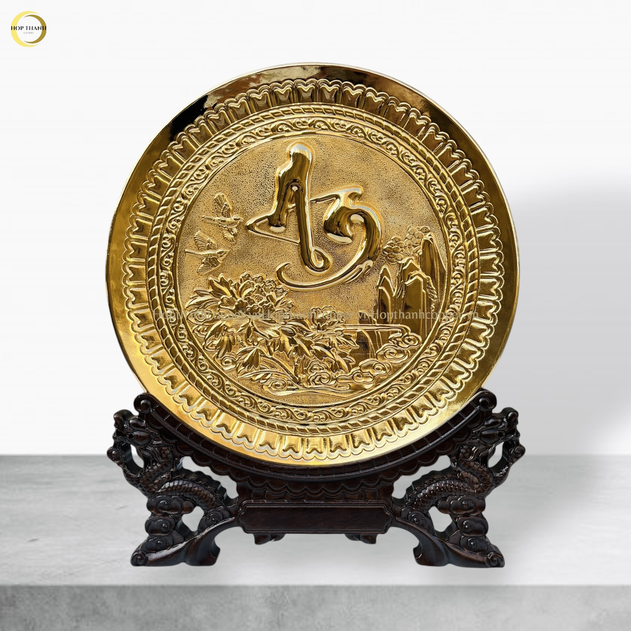 TRANH ĐĨA CHỮ AN THƯ PHÁP BẰNG ĐỒNG MẠ VÀNG 24K - TRANH QUÀ TẶNG ĐỂ BÀN (KÍCH THƯỚC 25CM)