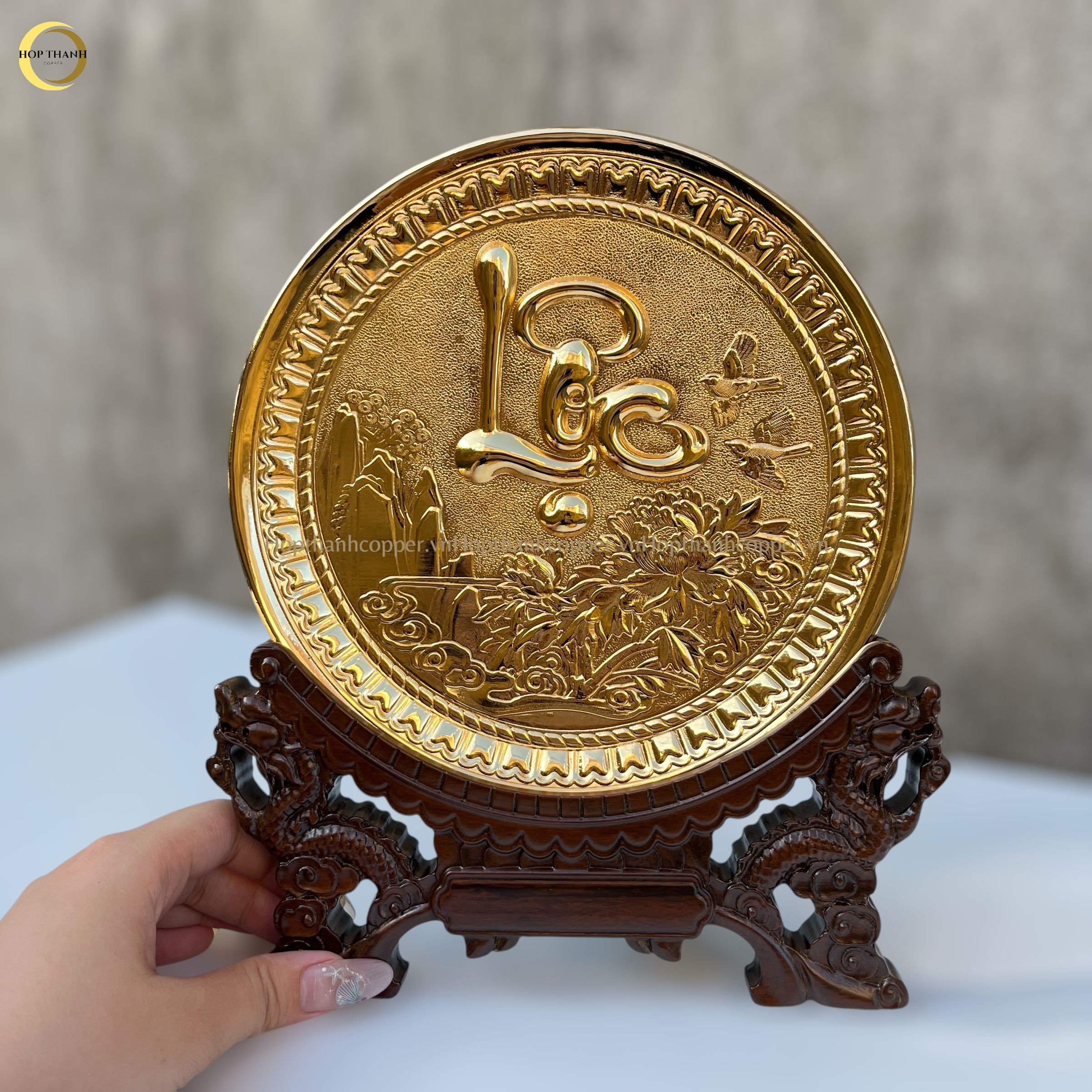 TRANH ĐĨA CHỮ LỘC THƯ PHÁP BẰNG ĐỒNG MẠ VÀNG 24K - TRANH QUÀ TẶNG ĐỂ BÀN (KÍCH THƯỚC 19CM)