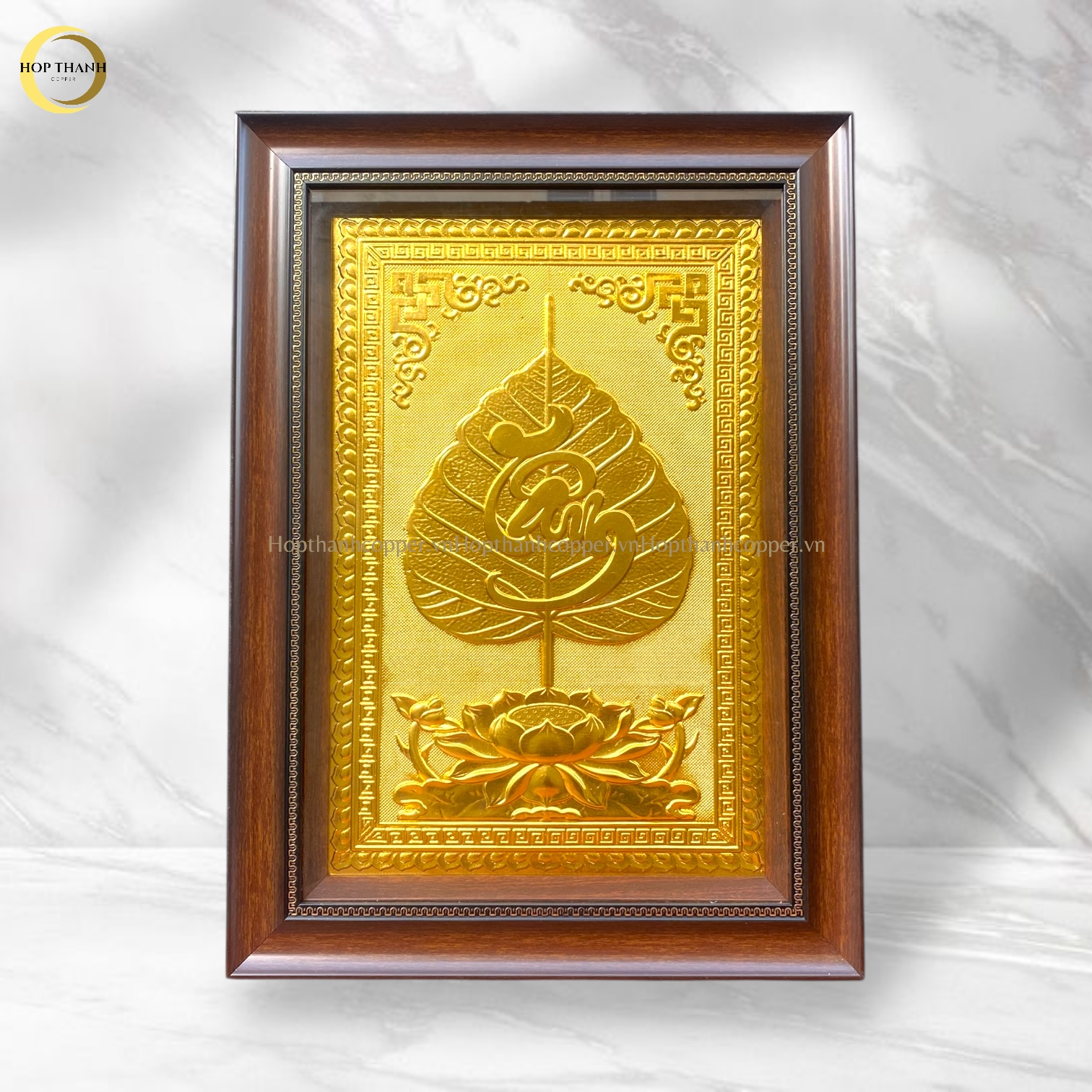 TRANH LÁ BỒ ĐỀ CHỮ TÂM BẰNG ĐỒNG DÁT VÀNG - KÍCH THƯỚC 38X54CM