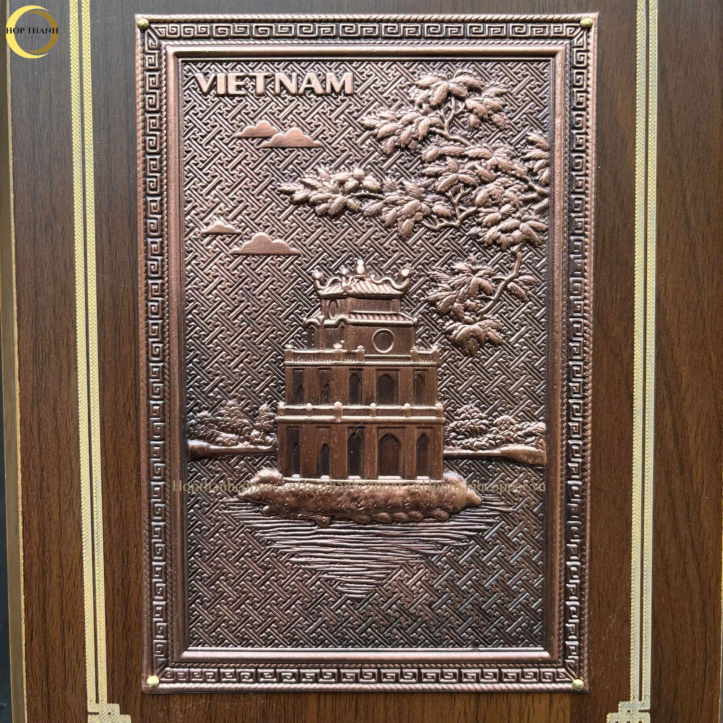 TRANH HỒ HOÀN KIẾM BẰNG ĐỒNG ĐỎ GIẢ CỔ - TRANH QUÀ TẶNG ĐỂ BÀN (KÍCH THƯỚC 17X22CM )