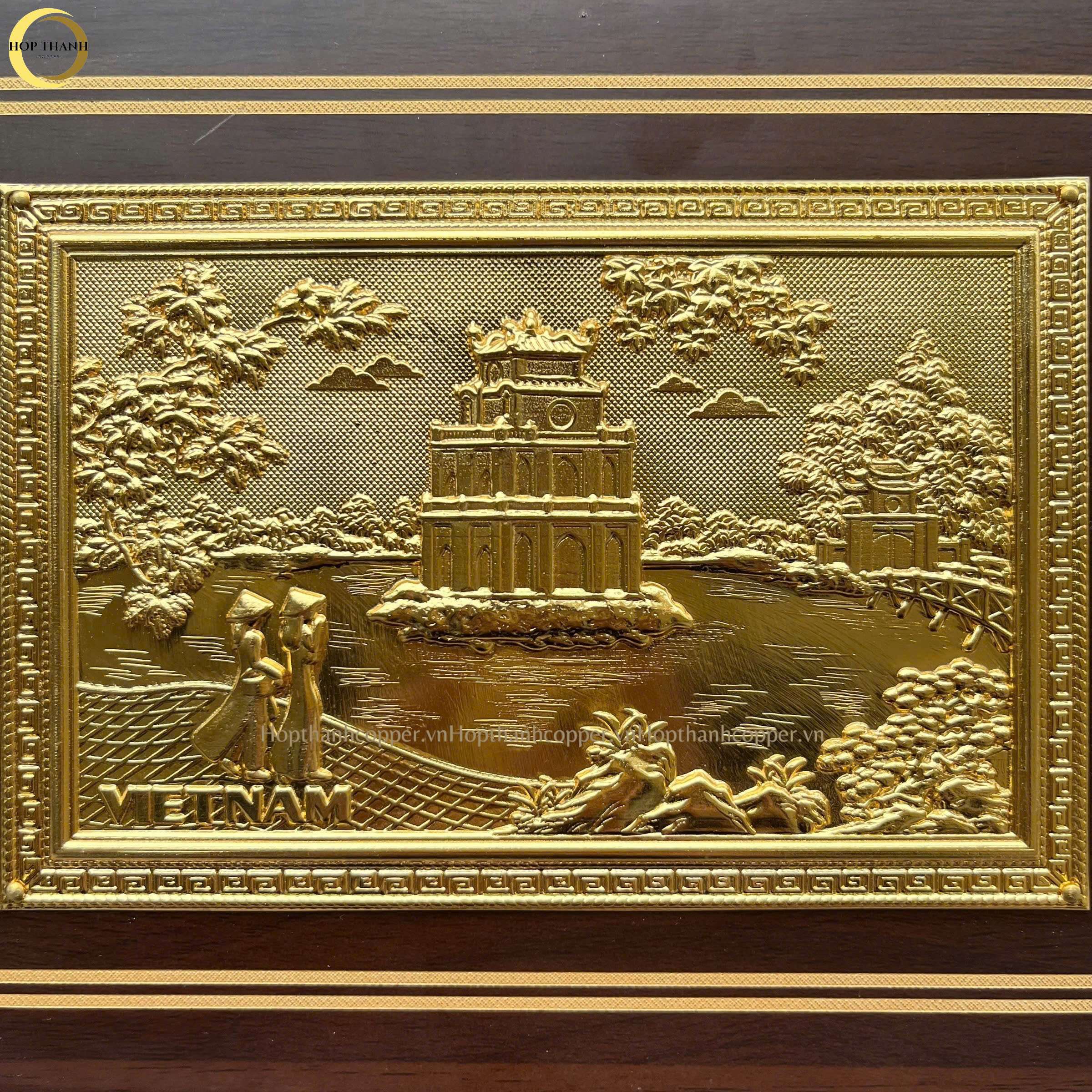 TRANH HỒ HOÀN KIẾM BẰNG ĐỒNG MẠ VÀNG 24K- TRANH QUÀ TẶNG ĐỂ BÀN (KÍCH THƯỚC 22X17CM )