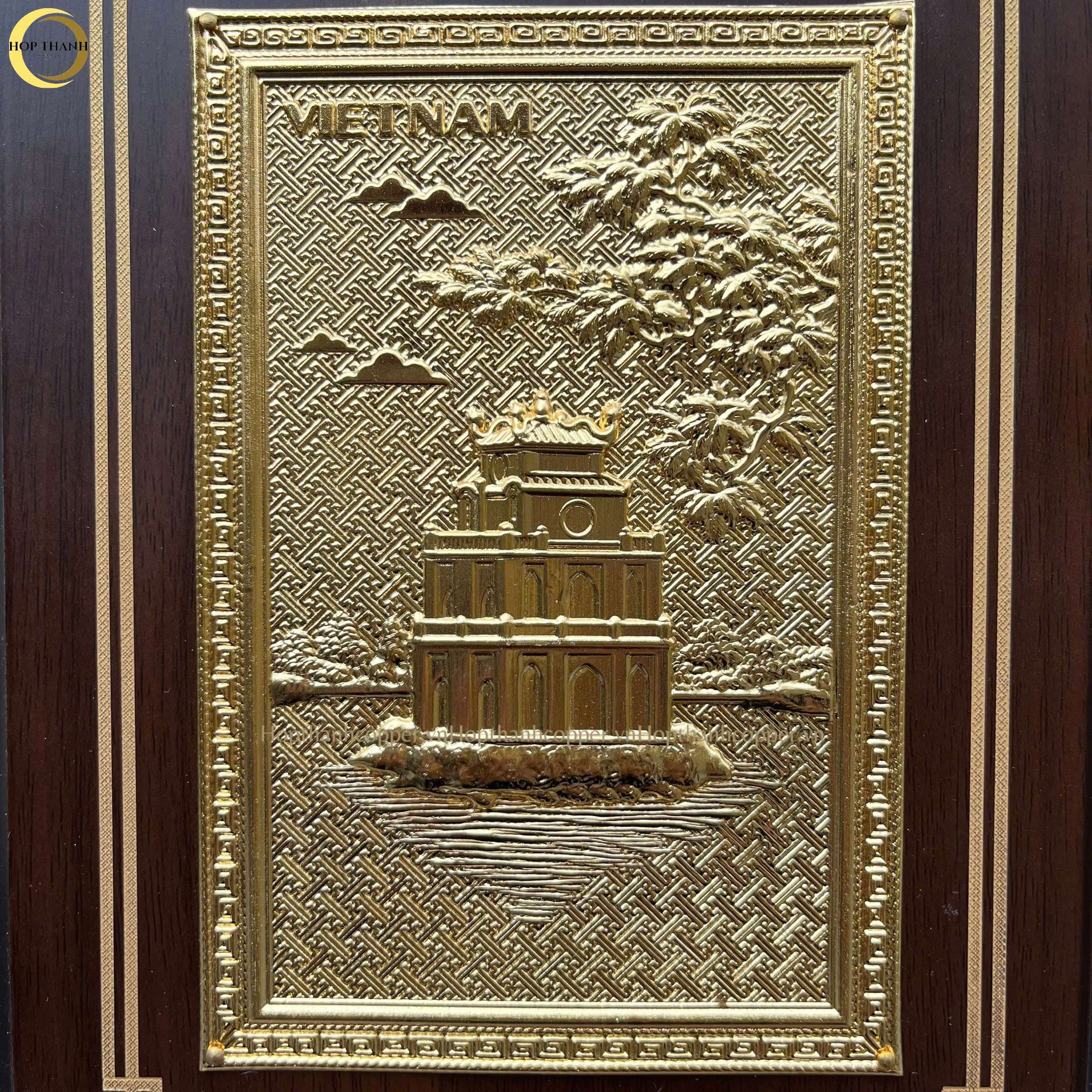 TRANH HỒ HOÀN KIẾM BẰNG ĐỒNG MẠ VÀNG 24K- TRANH QUÀ TẶNG ĐỂ BÀN (KÍCH THƯỚC 17X22CM )