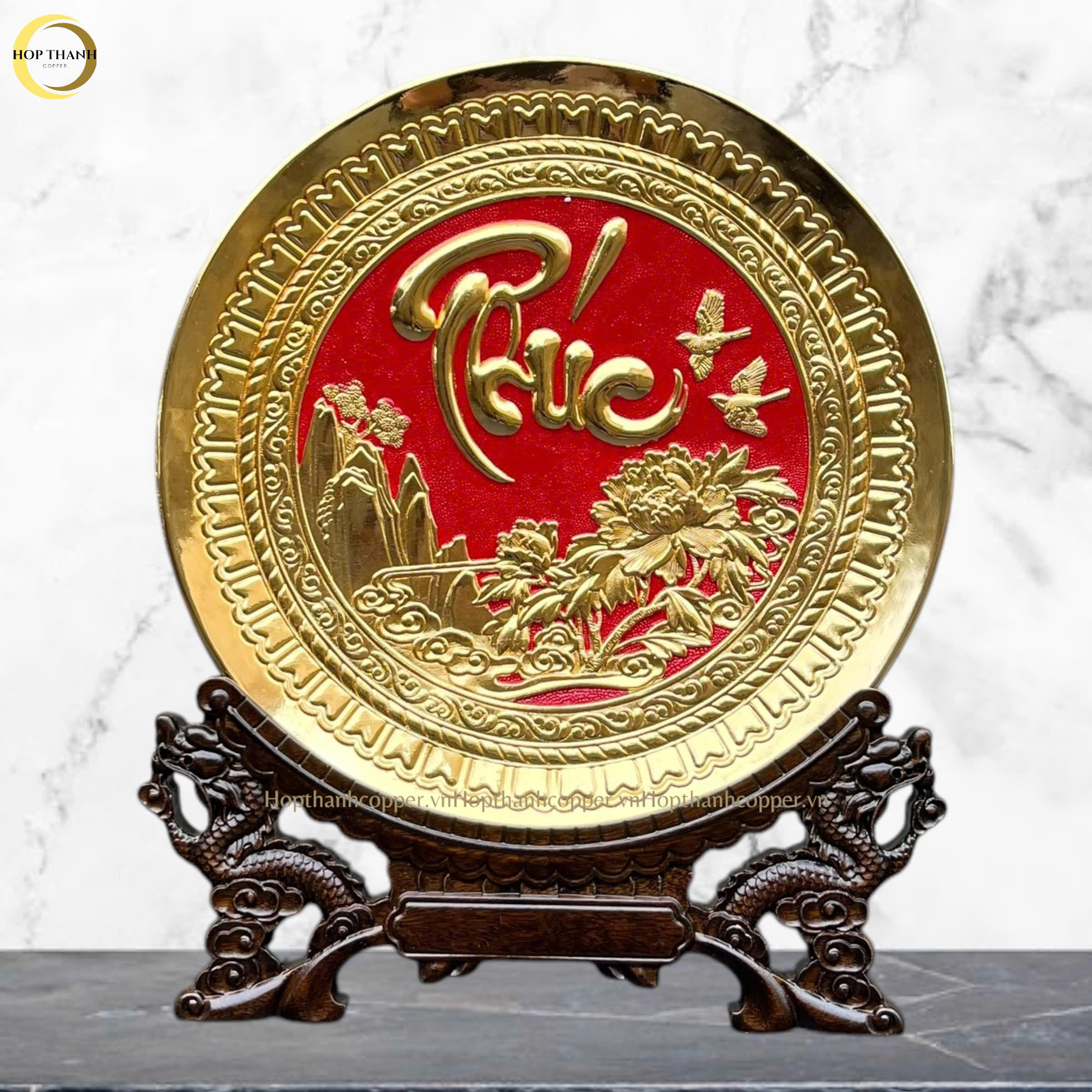 TRANH ĐĨA CHỮ PHÚC THƯ PHÁP BẰNG ĐỒNG MẠ VÀNG 24K - TRANH QUÀ TẶNG ĐỂ BÀN (KÍCH THƯỚC 25X25CM)