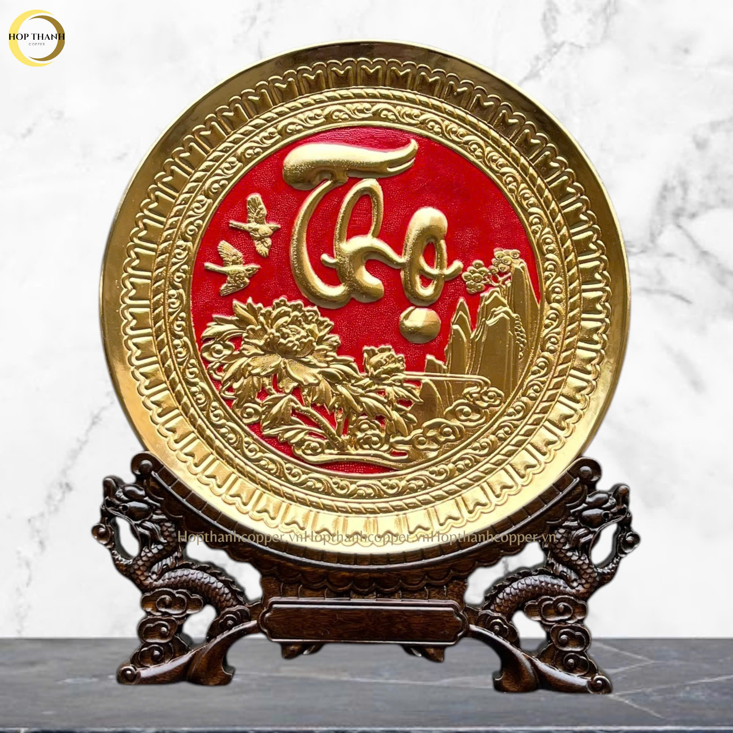 TRANH ĐĨA CHỮ PHÚC THƯ PHÁP BẰNG ĐỒNG MẠ VÀNG 24K - TRANH QUÀ TẶNG ĐỂ BÀN (KÍCH THƯỚC 25X25CM)