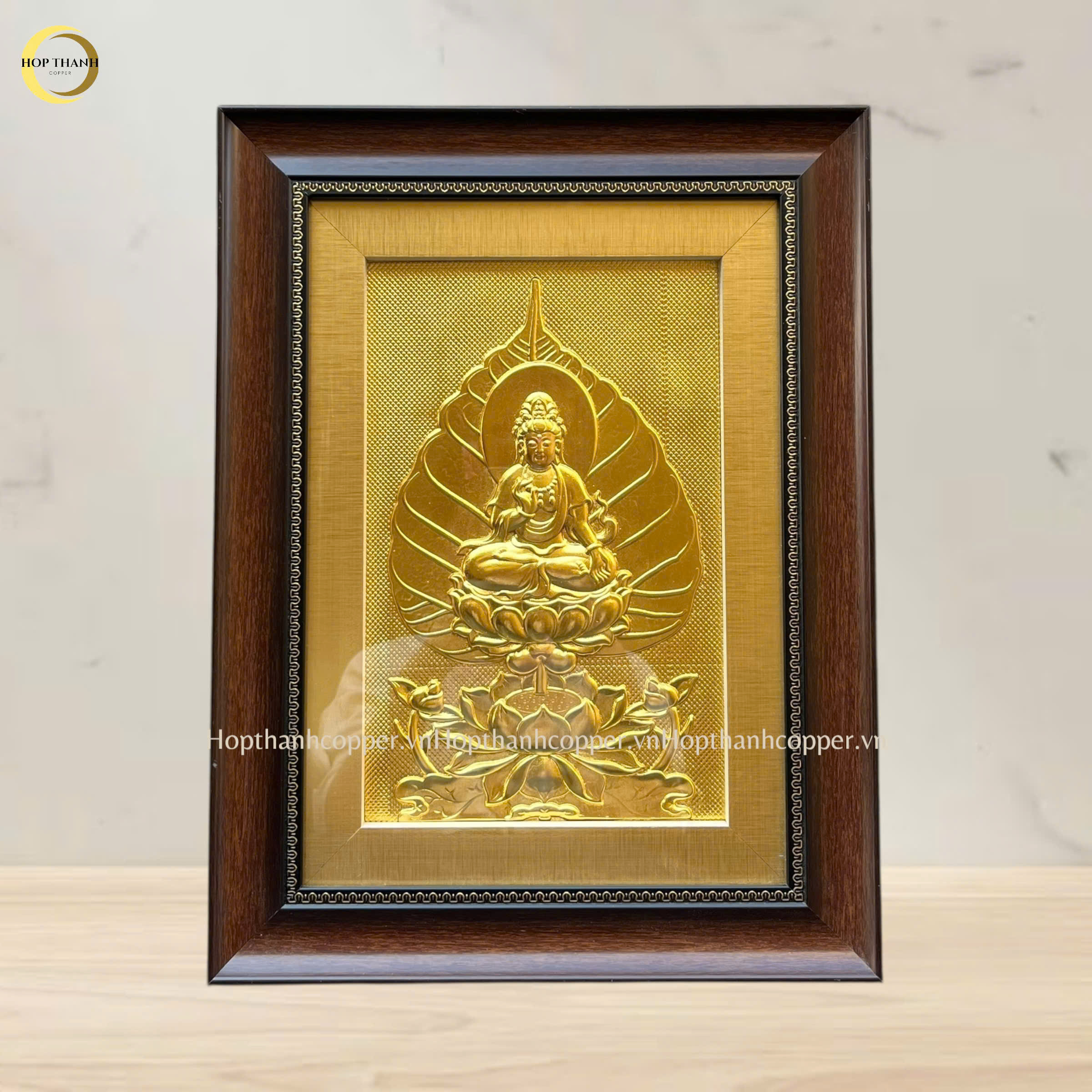 TRANH LÁ BỒ ĐỀ CHÂN DUNG PHẬT BẰNG ĐỒNG DÁT VÀNG - KÍCH THƯỚC 32X42CM