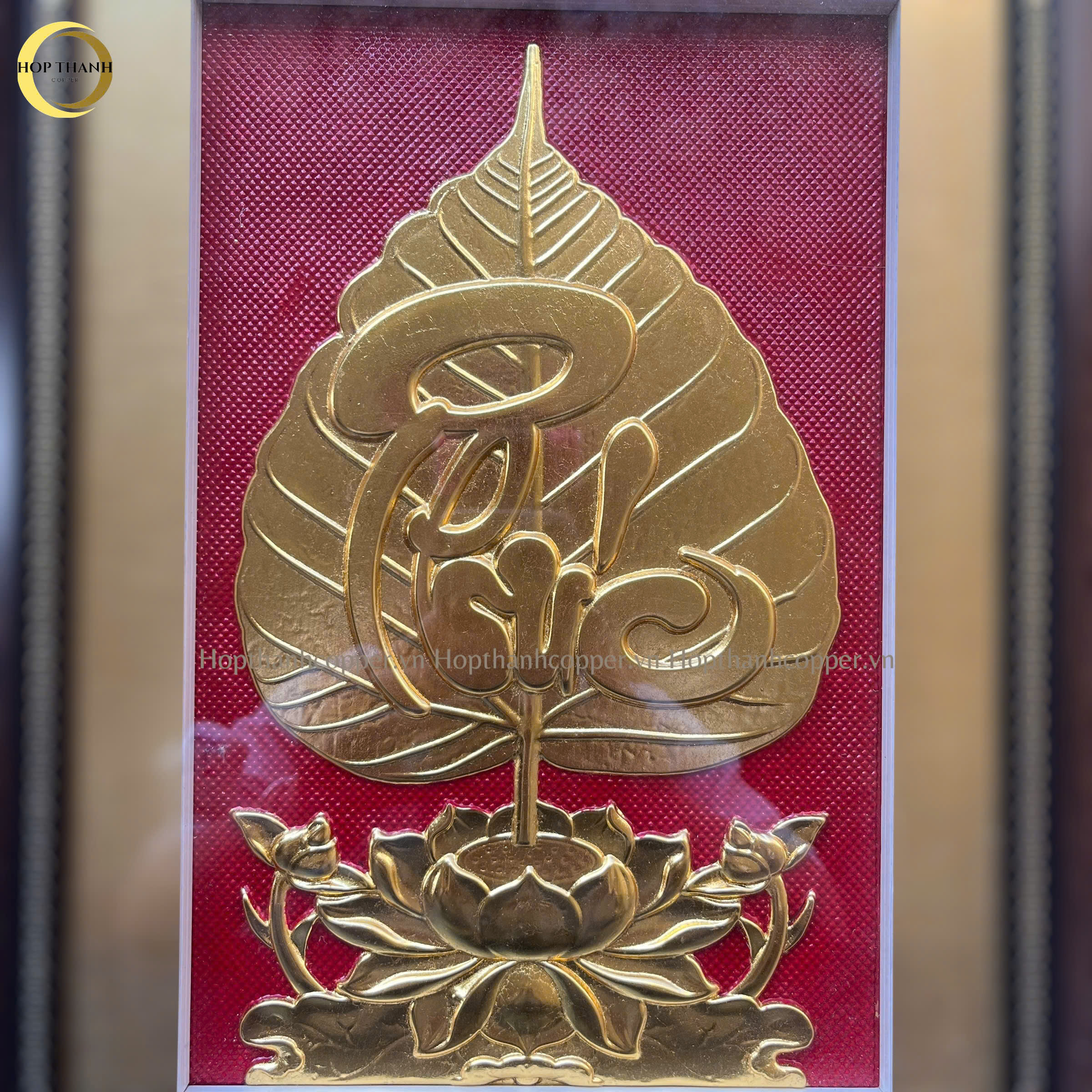 TRANH LÁ BỒ ĐỀ CHỮ PHÚC BẰNG ĐỒNG DÁT VÀNG 24K - KÍCH THƯỚC 32X42CM