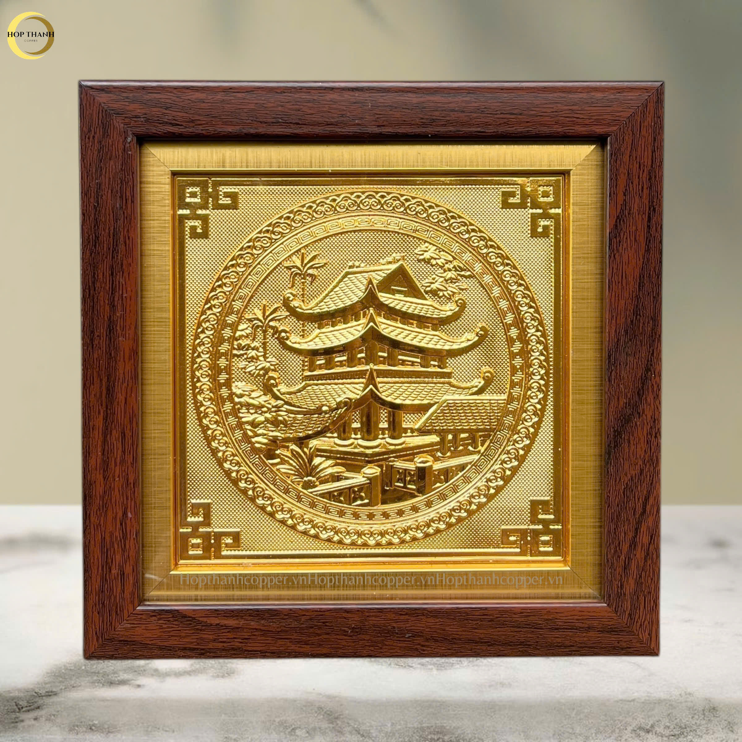 TRANH CHÙA KEO THÁI BÌNH BẰNG ĐỒNG VÀNG MẠ VÀNG 24K - TRANH QUÀ TẶNG ĐỂ BÀN (KÍCH THƯỚC 20X20CM )