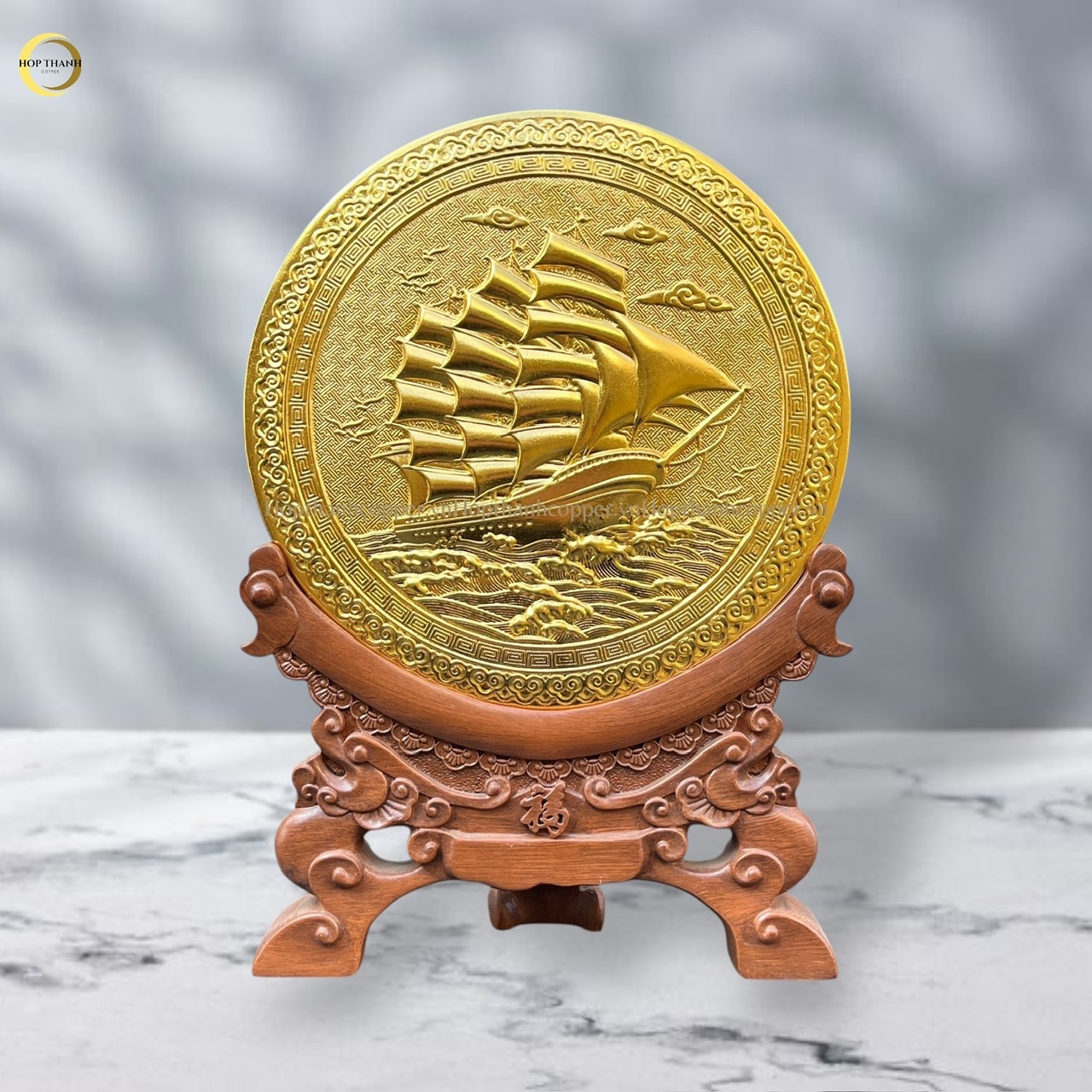 TRANH ĐĨA THUẬN BUỒM XUÔI GIÓ BẰNG ĐỒNG DÁT VÀNG - ĐƯỜNG KÍNH 21CM