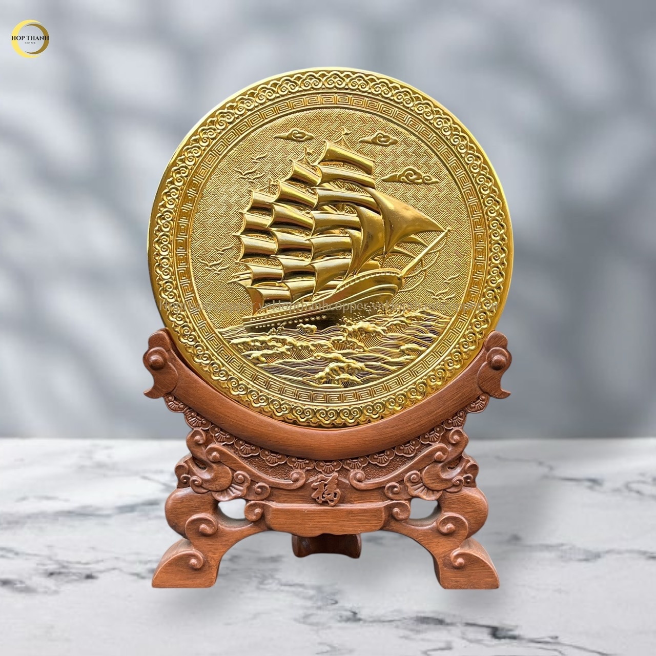 TRANH ĐĨA THUẬN BUỒM XUÔI GIÓ BẰNG ĐỒNG MẠ VÀNG 24K- ĐƯỜNG KÍNH 21CM