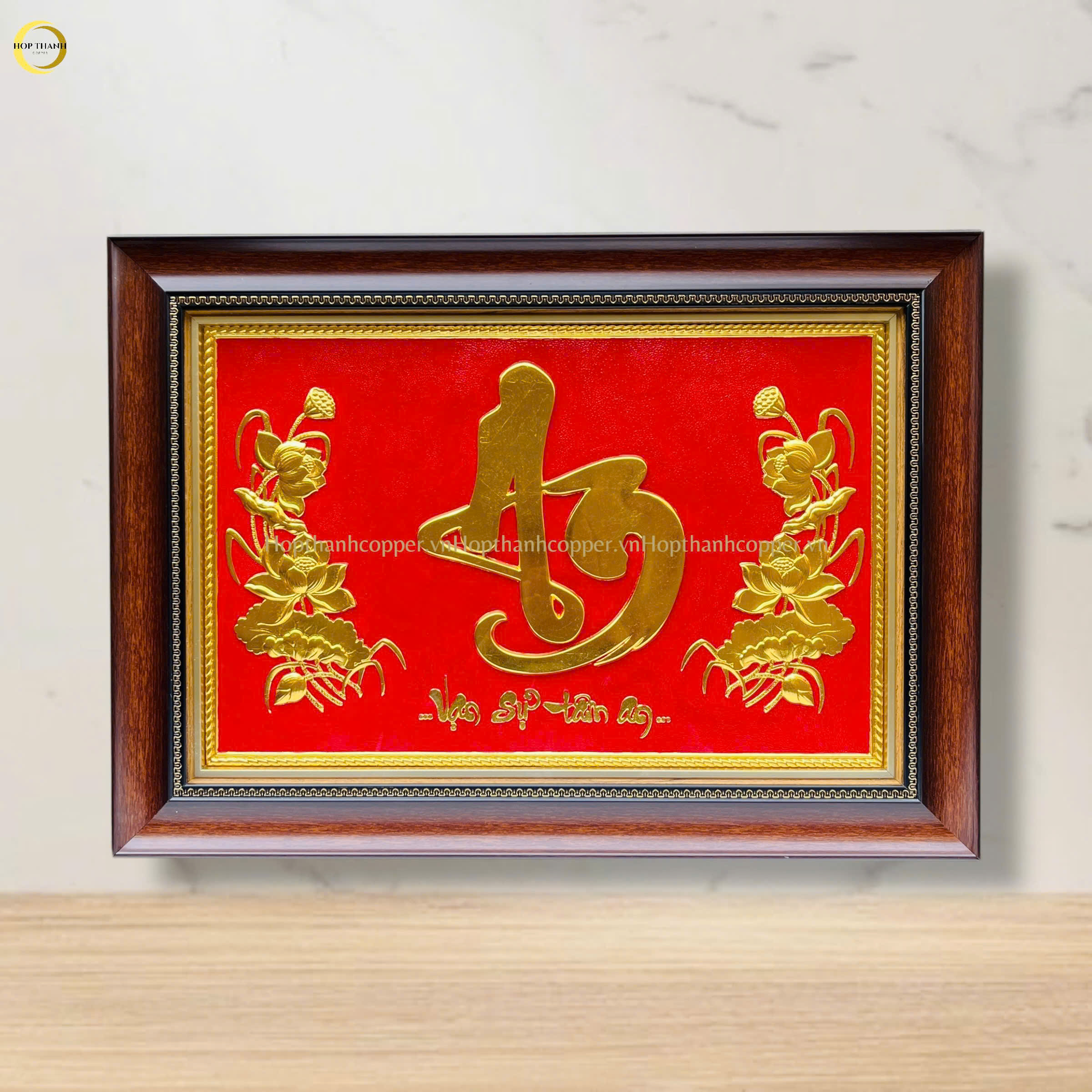 TRANH CHỮ AN BẰNG ĐỒNG DÁT VÀNG -  KÍCH THƯỚC 54X38CM