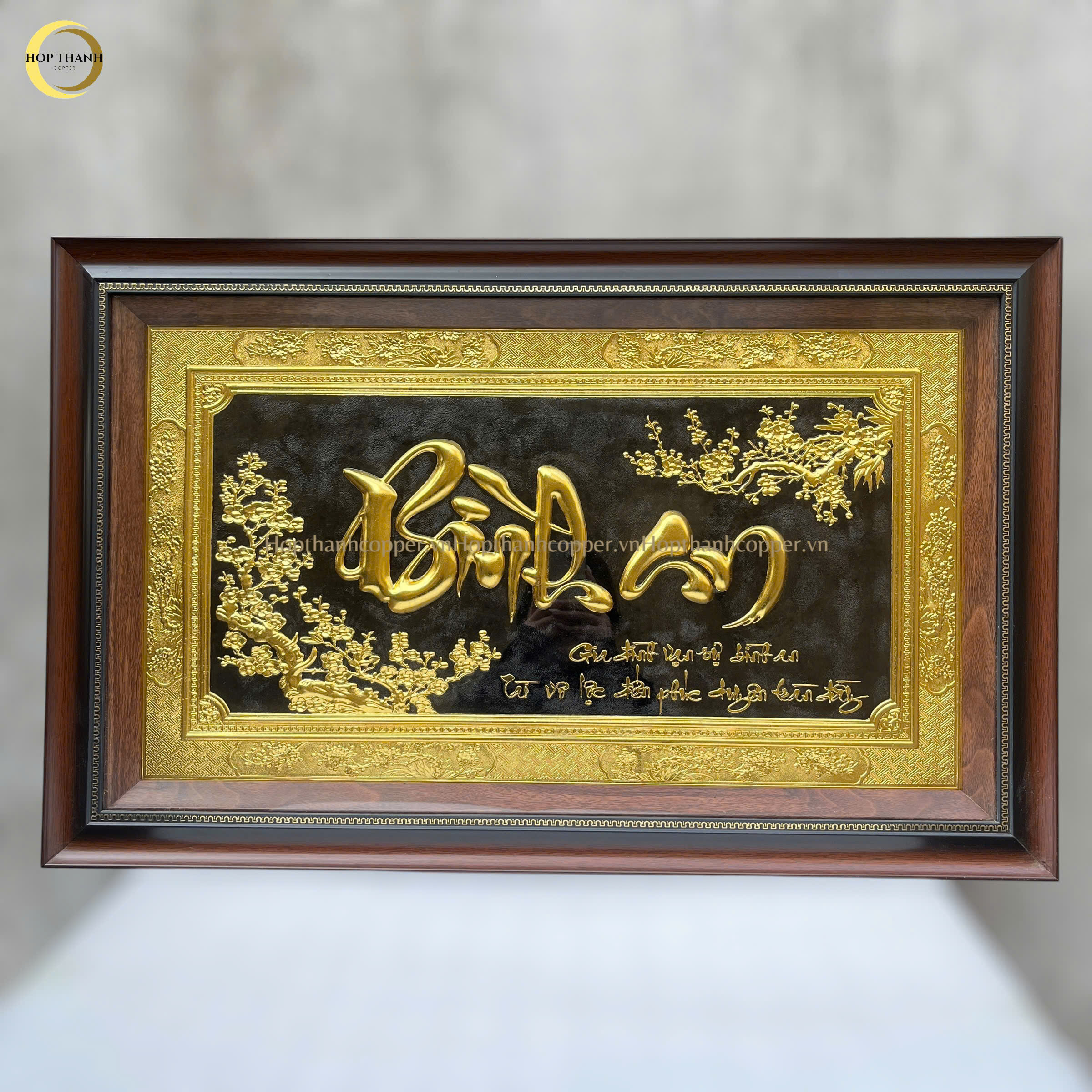 TRANH CHỮ BÌNH AN BẰNG ĐỒNG DÁT VÀNG- KÍCH THƯỚC 80X50CM
