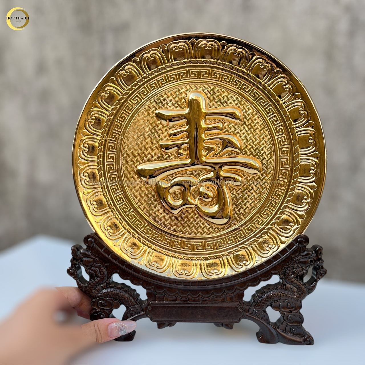 TRANH ĐĨA CHỮ THỌ TIẾNG HÁN BẰNG ĐỒNG MẠ VÀNG 24K - TRANH QUÀ TẶNG ĐỂ BÀN (KÍCH THƯỚC 25CM)