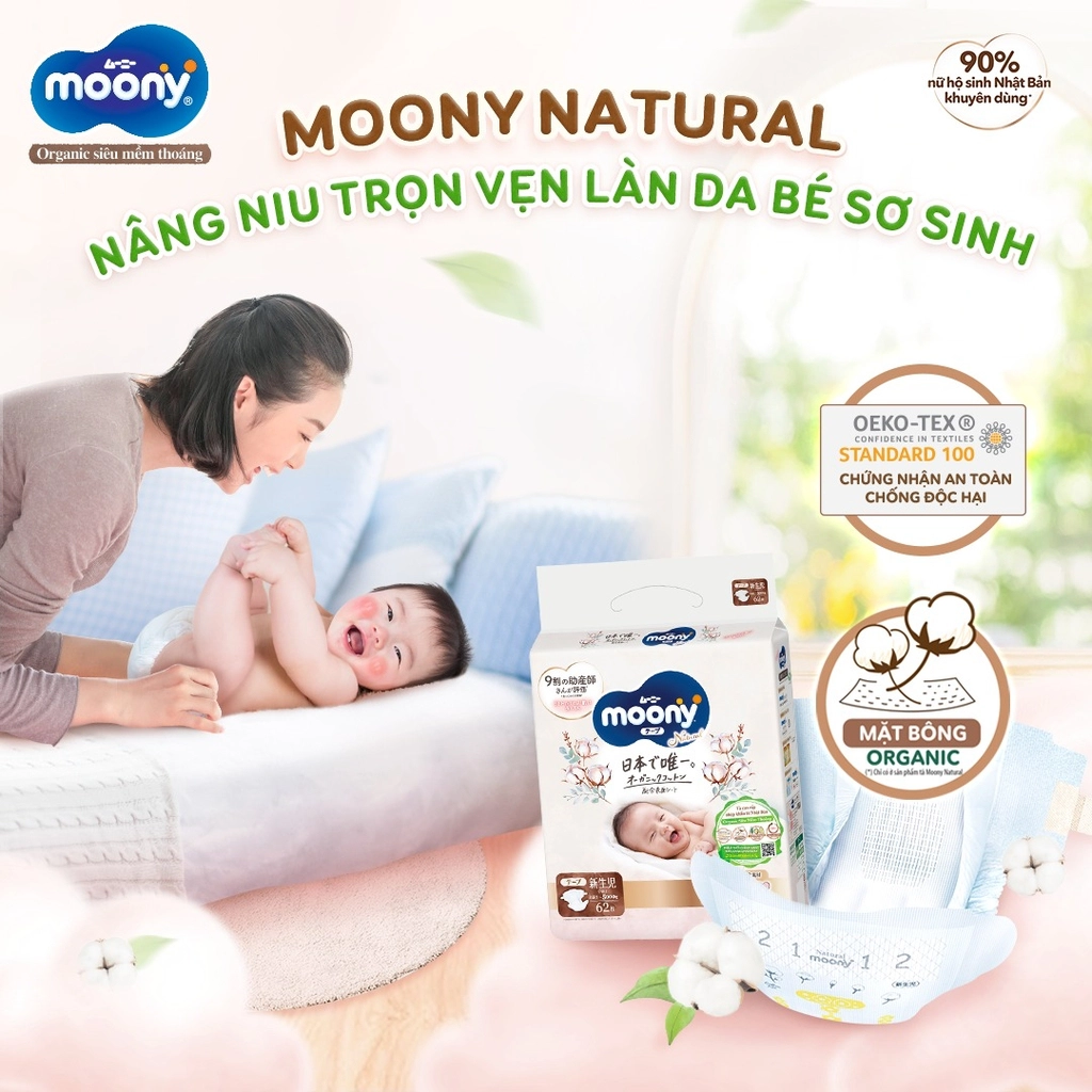 Bỉm Dán Cao cấp Moony Natural Organic size NB 62+4M