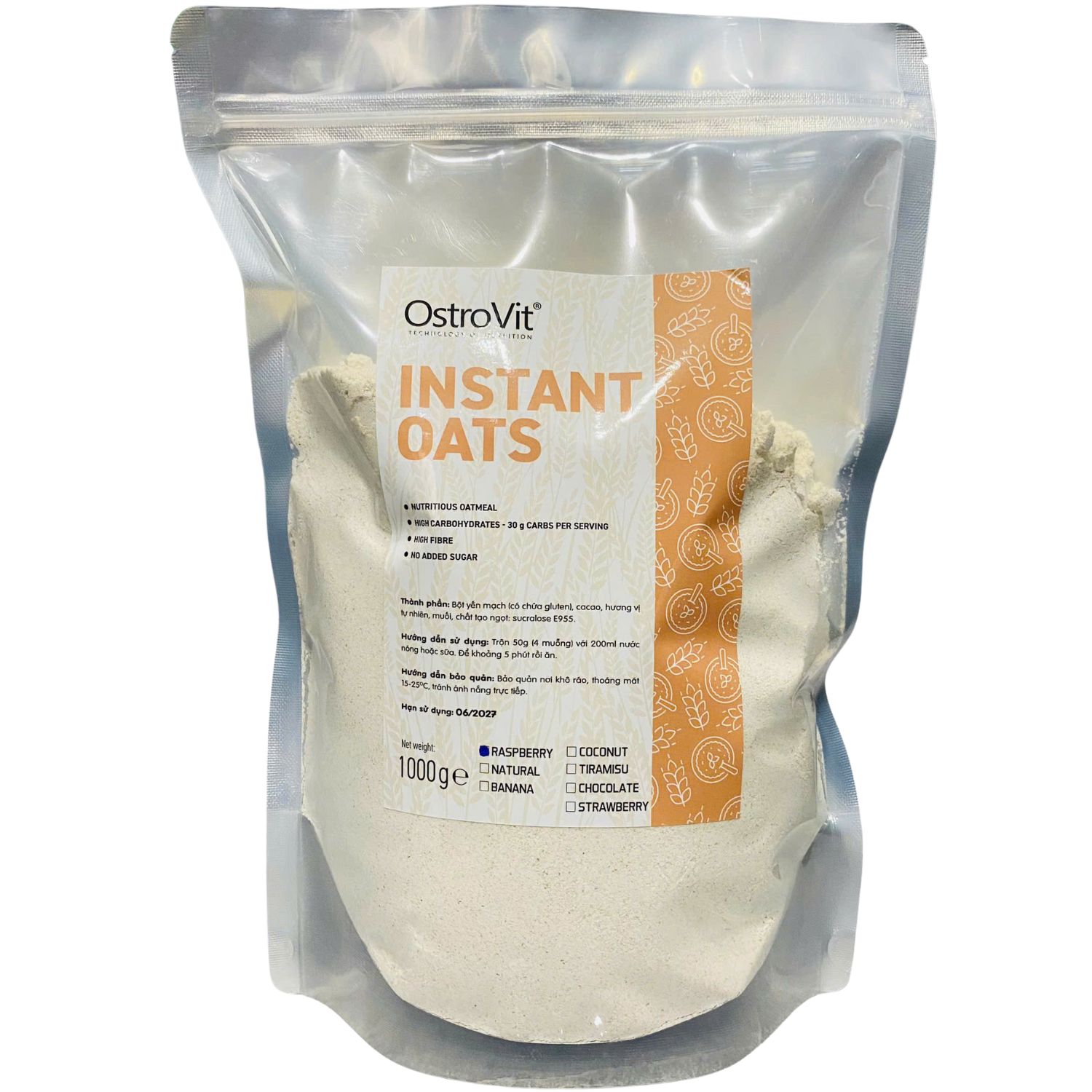 OstroVit Instant Oats (1kg Share Túi Zip, Bột Yến Mạch Uống Liền)