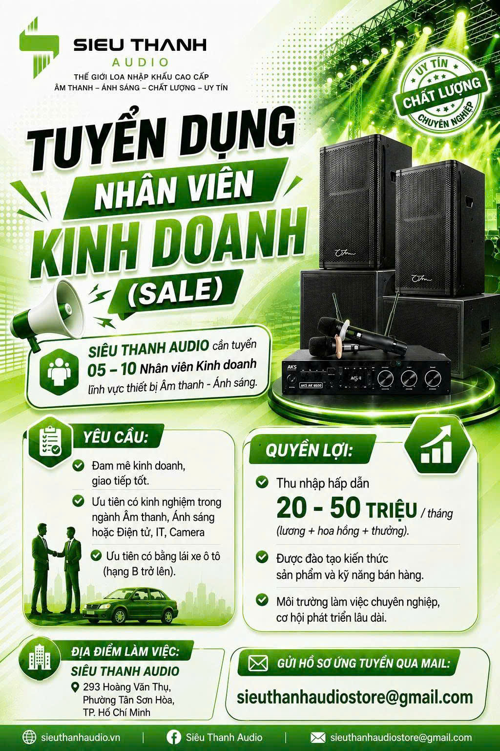 [SIÊU THANH AUDIO] THÔNG BÁO TUYỂN DỤNG VỊ TRÍ NHÂN VIÊN KINH DOANH THIẾT BỊ ÂM THANH - ÁNH SÁNG