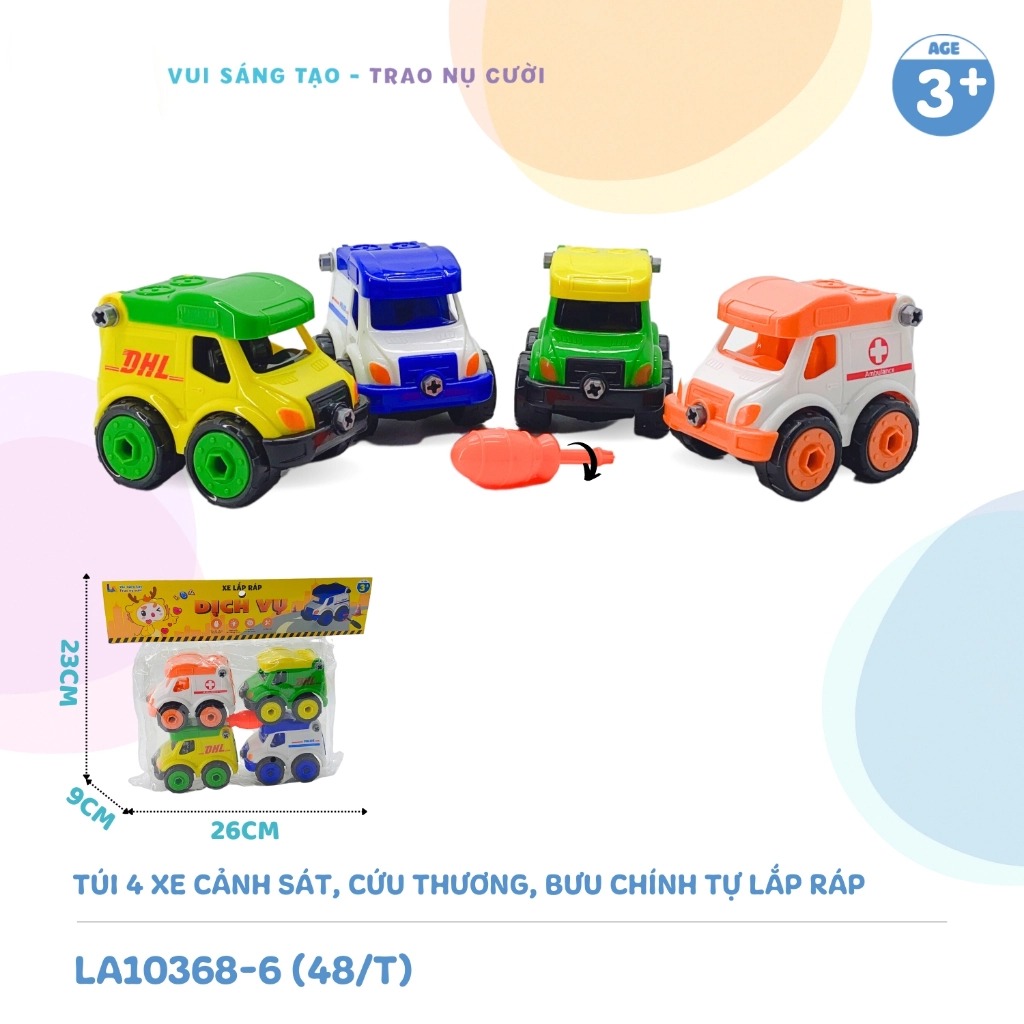 Đồ Chơi Túi 4 Xe Cảnh Sát, Cứu Thương, Bưu Chính Tự Lắp Ráp LAToys LA10368-6