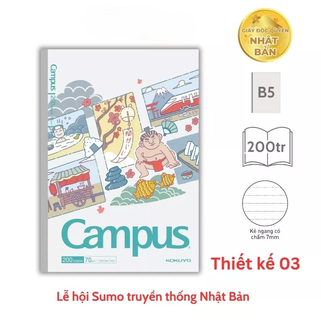 Vở Kẻ Ngang Campus B5 WA-FU Có Chấm 0346 Giấy Nhật 200TR