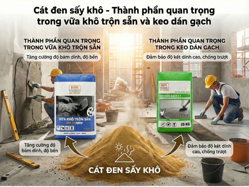 Cát đen sấy khô – Thành phần quan trọng trong vữa khô trộn sẵn và keo dán gạch