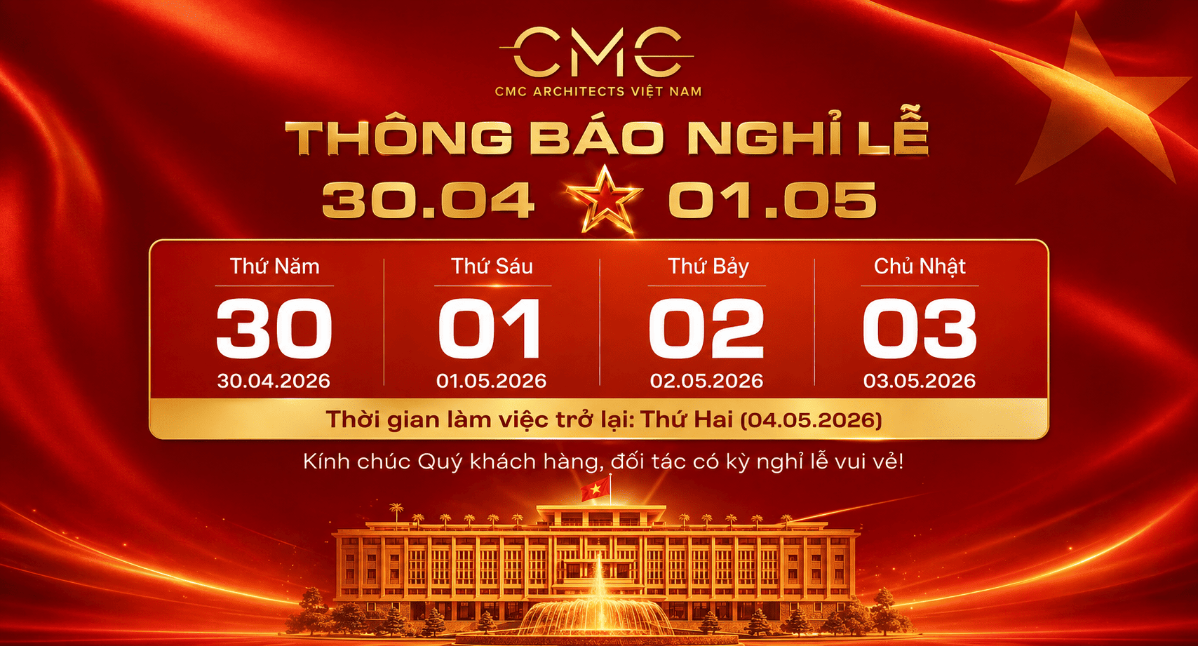 CMC Architects Việt Nam thông báo lịch nghỉ lễ 30/4 - 01/05