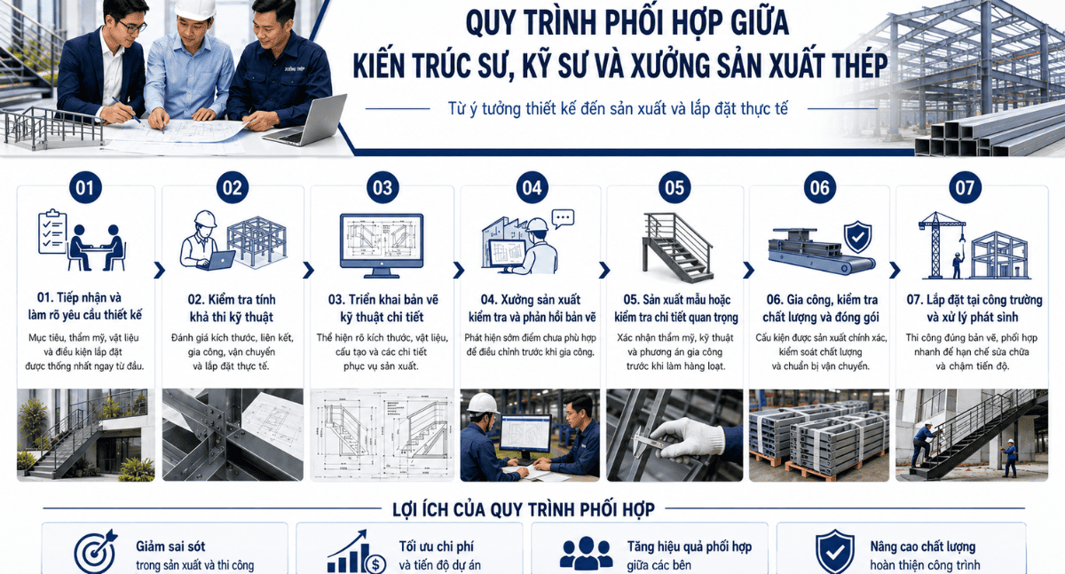 Quy Trình Phối Hợp Giữa Kiến Trúc Sư, Kỹ Sư và Xưởng Sản Xuất Thép Trong Xây Dựng