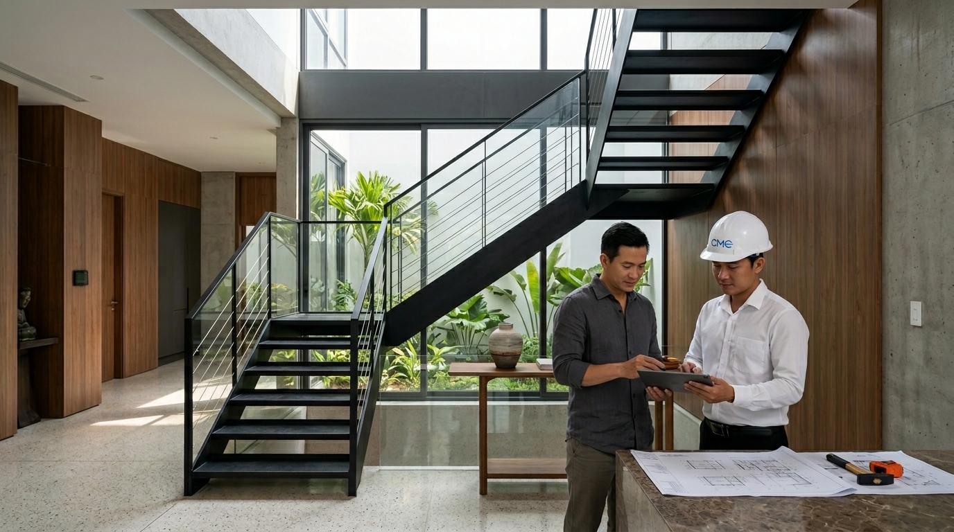 Cầu thang thép trong nhà phố: cách cân bằng an toàn, ánh sáng và thẩm mỹ