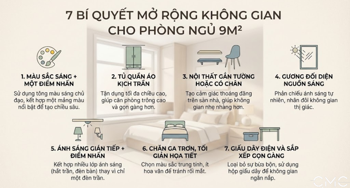 7 mẹo giúp phòng 9m2 nhìn rộng ngay lập tức