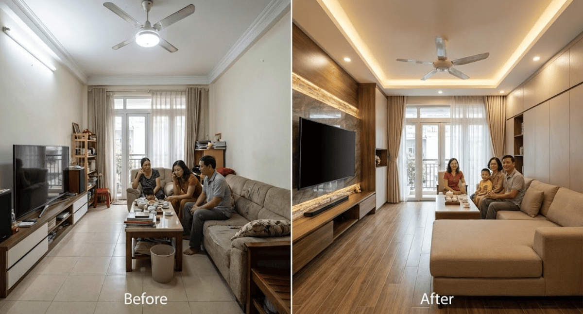 5 thay đổi thường tạo hiệu ứng before/after mạnh nhất trong phòng khách