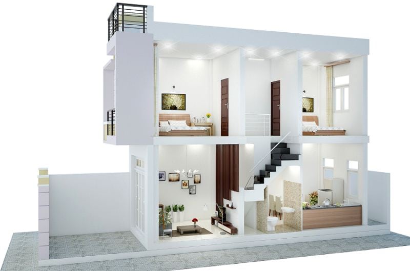 Phối cảnh 3D mặt nghiêng bên trong ngôi nhà