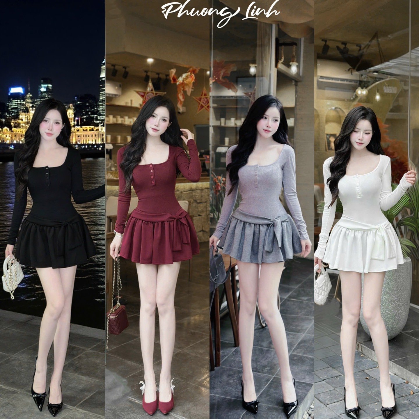 Đầm cổ chữ U cài cúc chân xếp ly buộc nơ