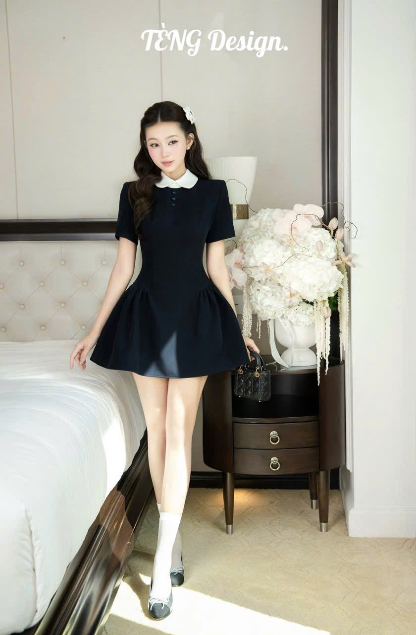 Đầm chữ A xanh đen dáng ngắn cổ sen