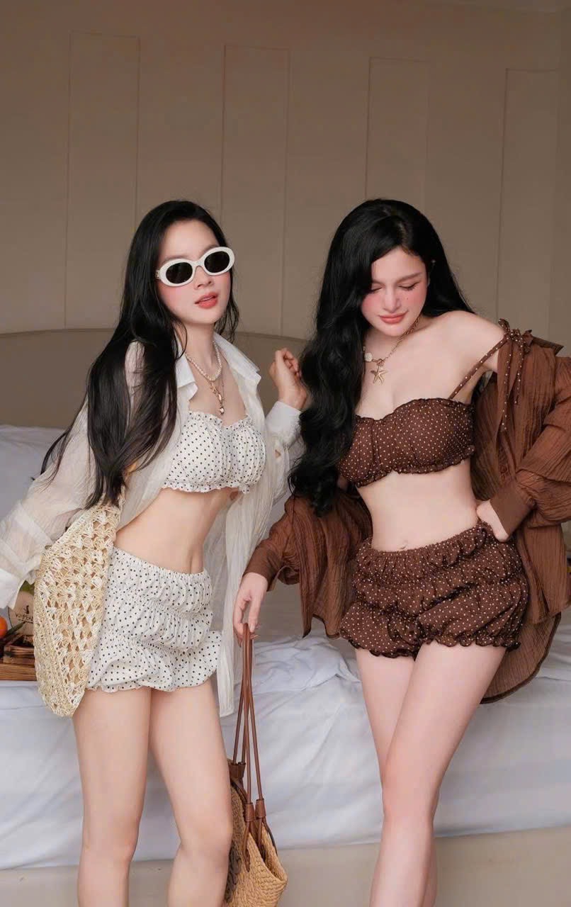 Set đi biển 3 món áo ống chấm bi cột dây quần bí nhúng bèo khoác voan
