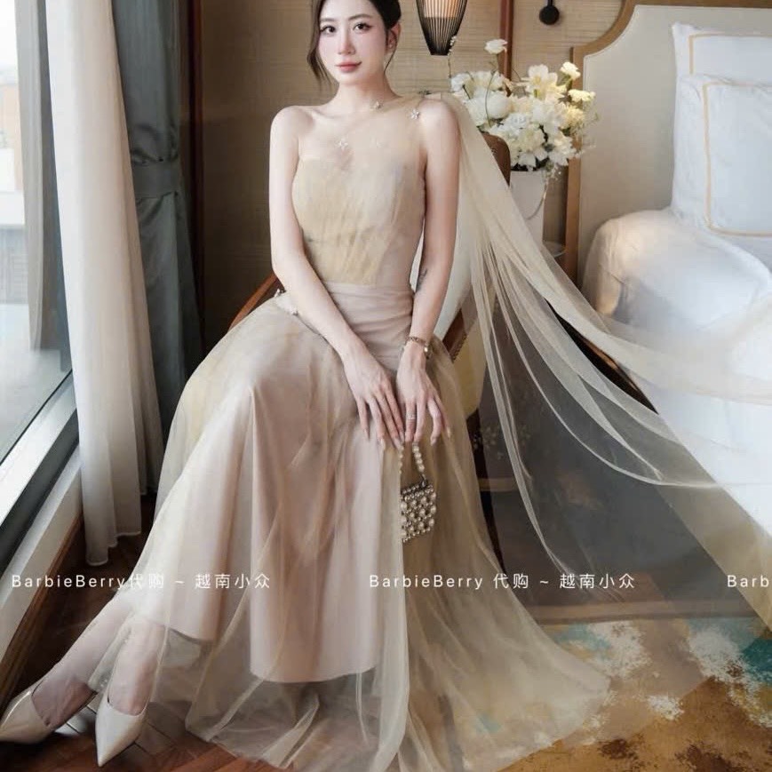 Đầm thiết kế voan đính vai dáng dài