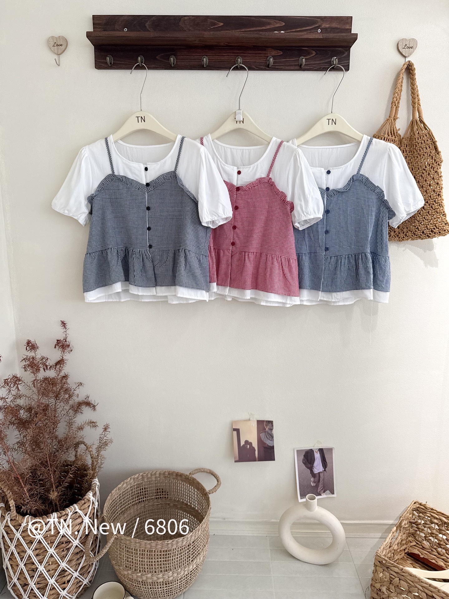 Áo kiểu phối 2 dây caro