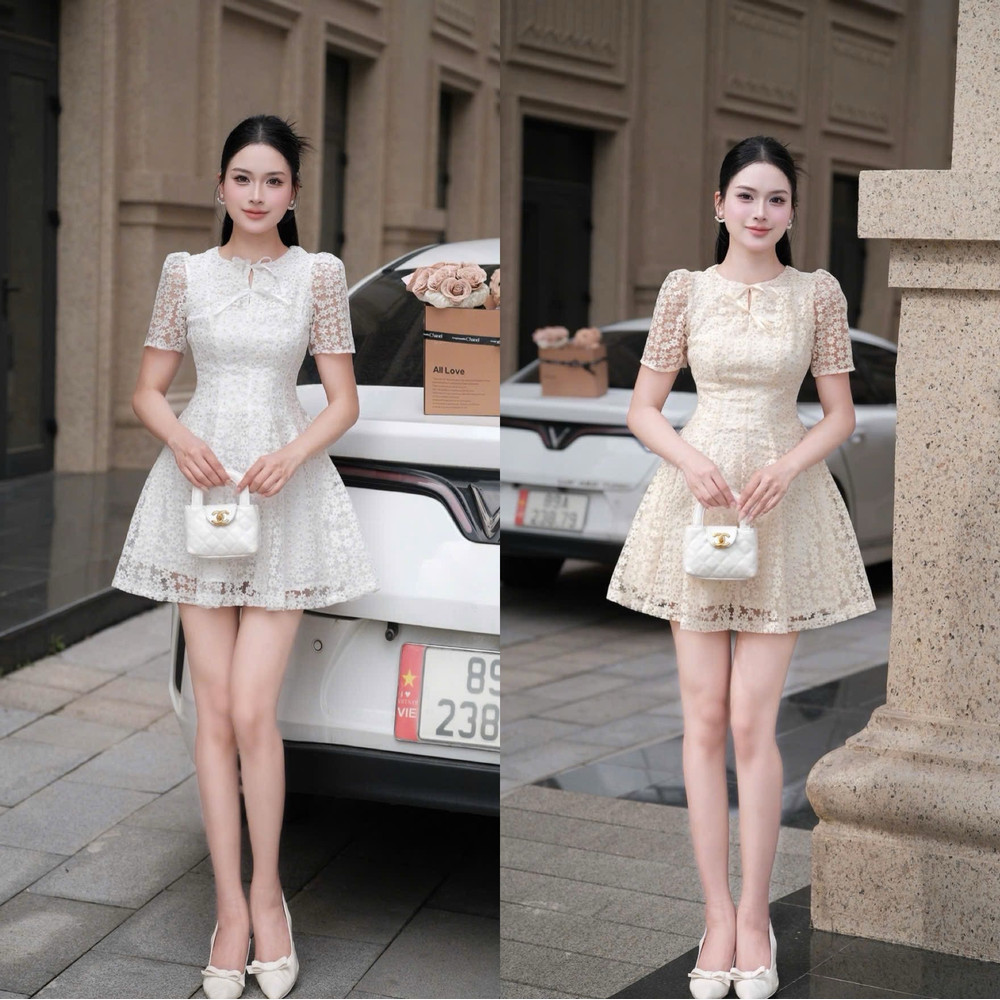 Đầm ngắn thiết kế dáng ngắn vải ren tay ngắn dễ thương đi cà phê đi tiệc đơn giản
