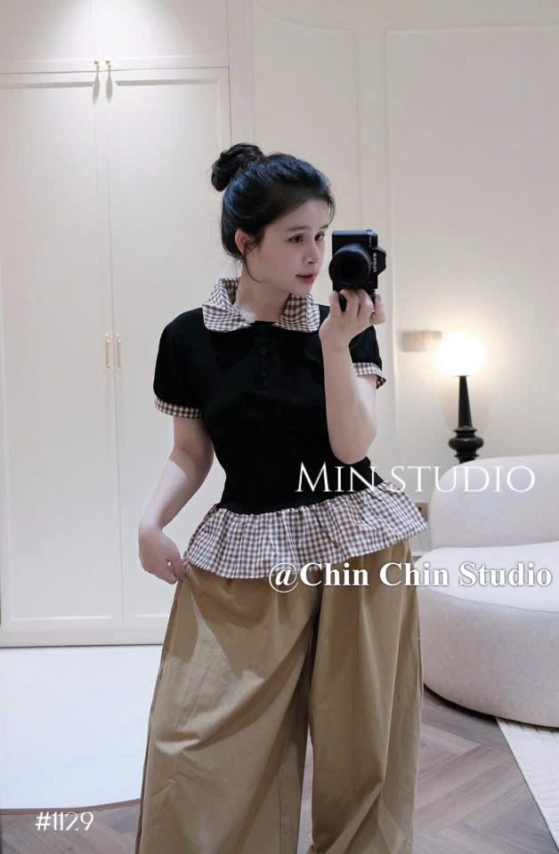Set áo cổ sen kèm quần ống rộng bo chân