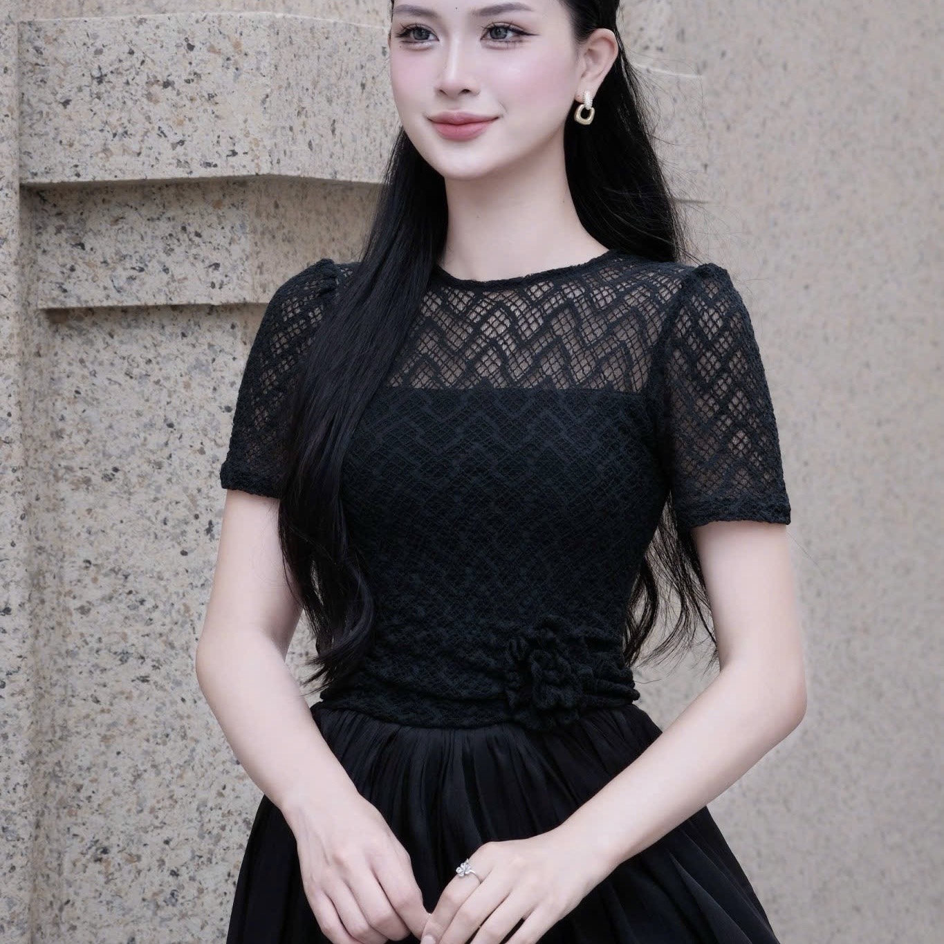 Đầm cổ tròn phối ren dáng dài xoè cao cấp tay ngắn đi tiệc 3 màu kem/ trắng/đen