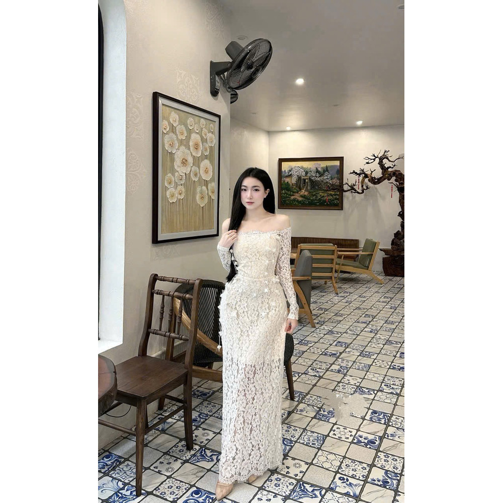 Đầm thiết kế trễ vai tay dài body ren hoa