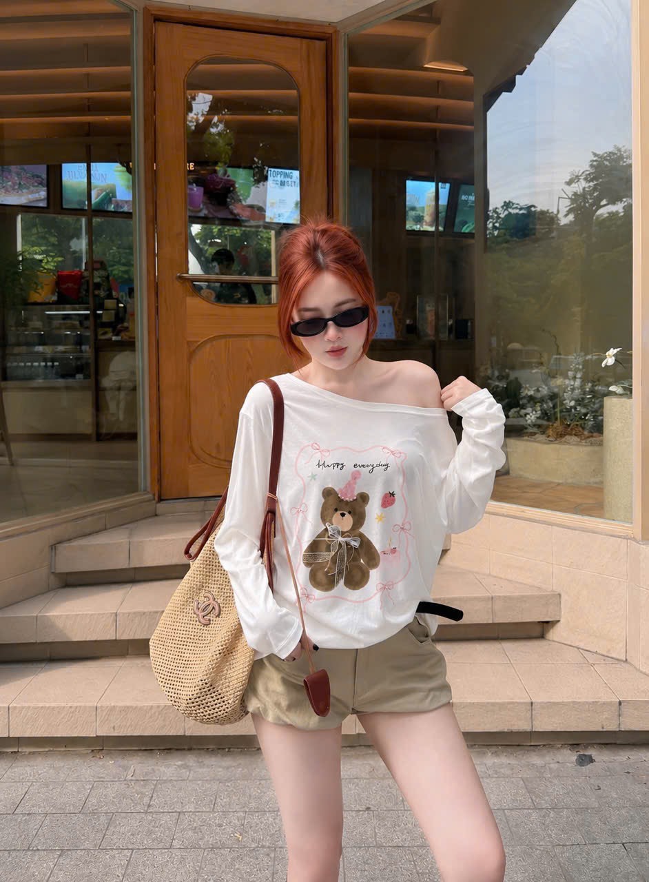 Áo thun giấy lệch vai in giấy Happy everyday
