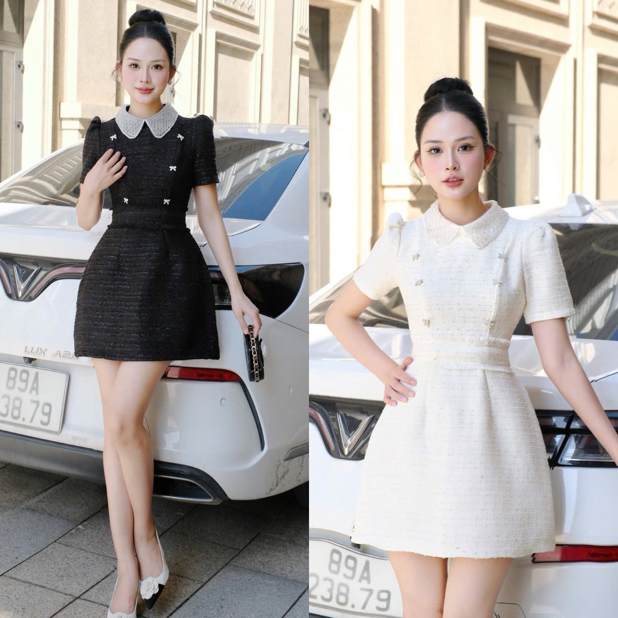Đầm dạ bling cổ đá tag nơ chữ A dáng ngắn