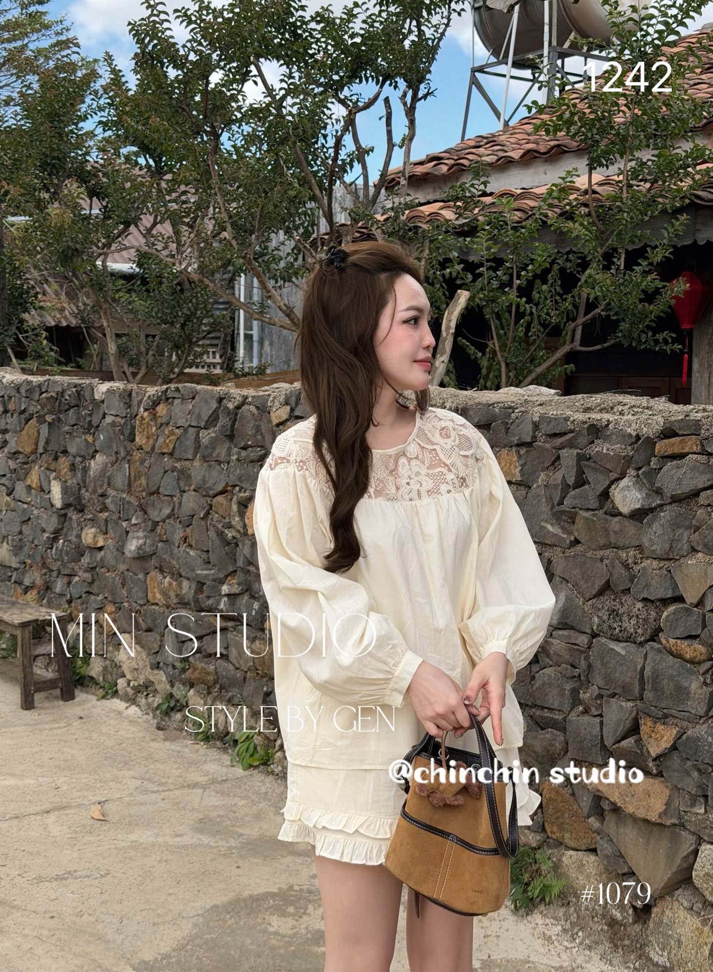 Set bộ babydoll cổ tròn tay dài ren hoa quần ngắn