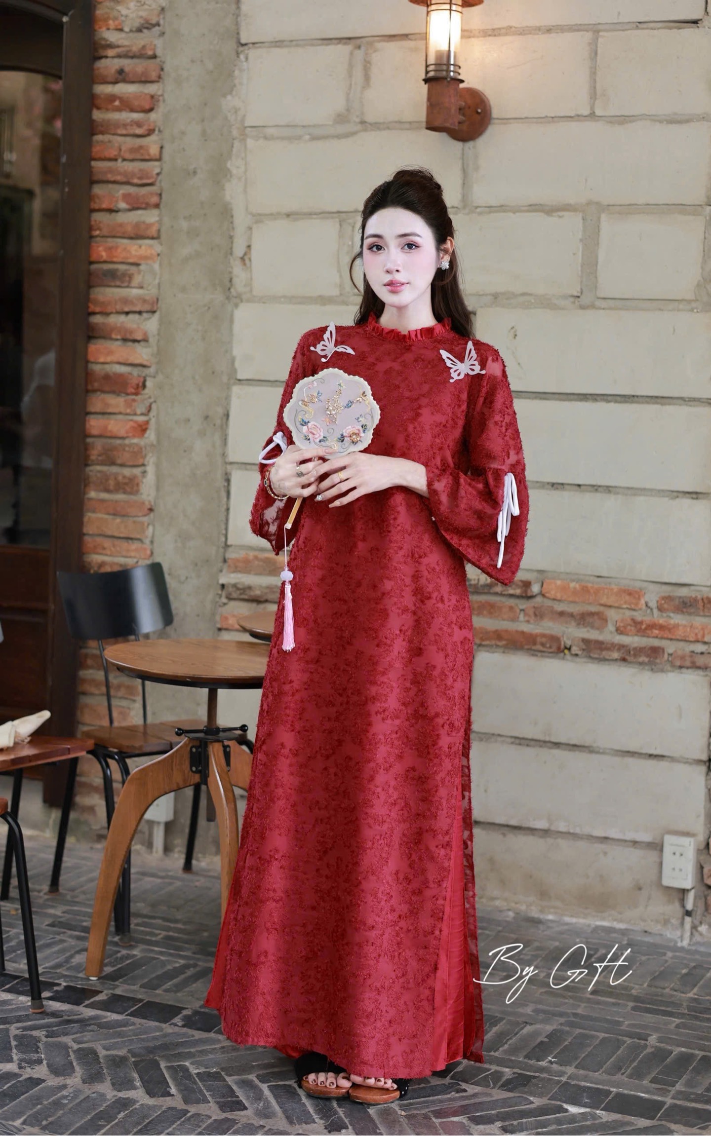 Áo dài tơ lông cổ bèo tay nơ